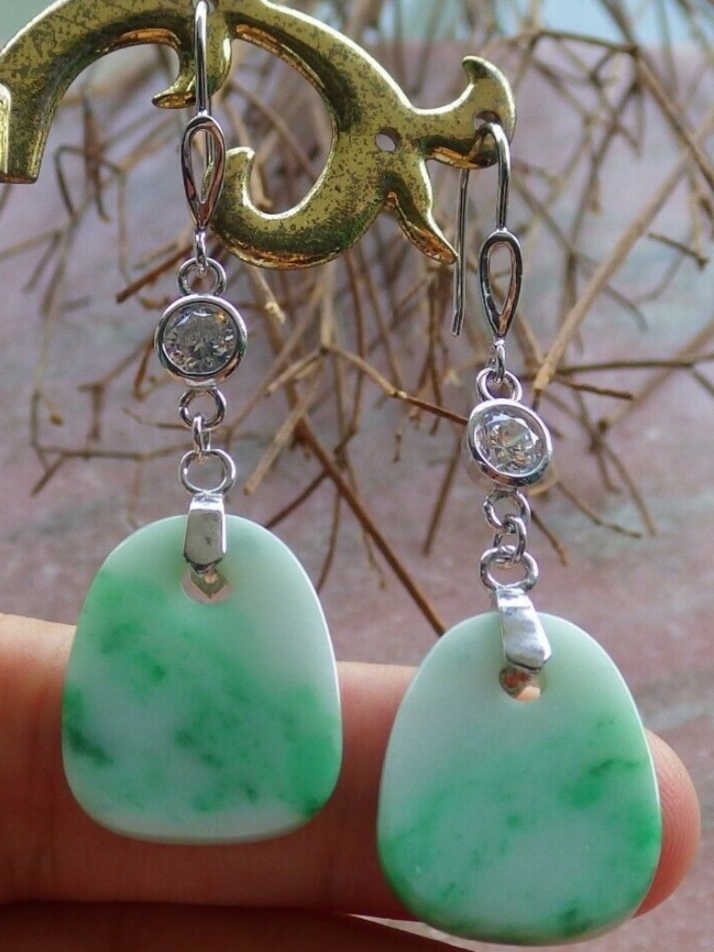 Sterling Silver 0.925 Natural A Jade jadeite Rectangle Earrings Dangle 耳环